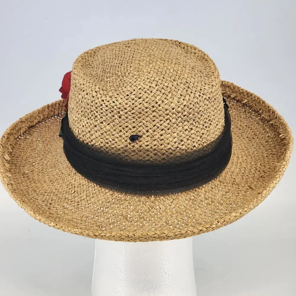 Eric Javits Luxury Squishee Sun Hat Beige Packable Woven Rose Brim Hatpin Vtg - Picture 6 of 14